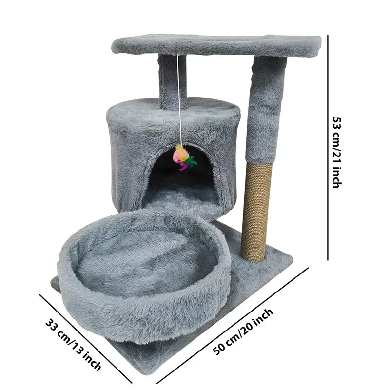 Többszintes plüss macskatorony kaparófával, kuckóval és játékkal – tökéletes mászáshoz, pihenéshez és karmoláshoz beltéri cicáknak.