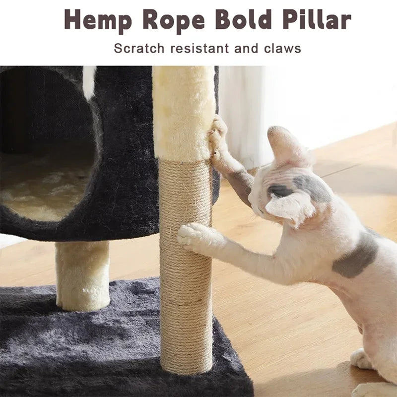 Többszintes plüss macskatorony kaparófával, kuckóval és játékkal – tökéletes mászáshoz, pihenéshez és karmoláshoz beltéri cicáknak.