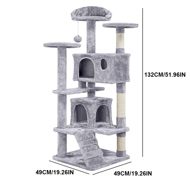 Többszintes plüss macskatorony kaparófával, kuckóval és játékkal – tökéletes mászáshoz, pihenéshez és karmoláshoz beltéri cicáknak.