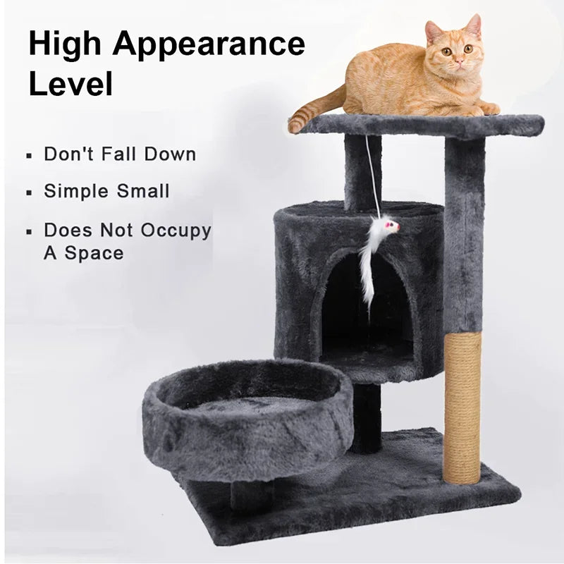Többszintes plüss macskatorony kaparófával, kuckóval és játékkal – tökéletes mászáshoz, pihenéshez és karmoláshoz beltéri cicáknak.