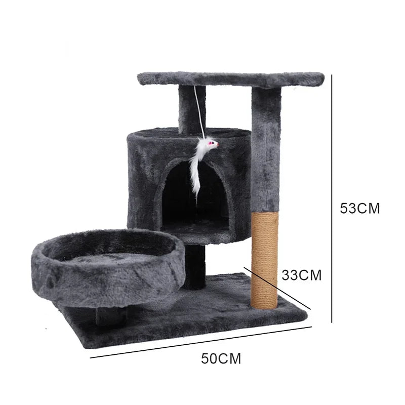 Többszintes plüss macskatorony kaparófával, kuckóval és játékkal – tökéletes mászáshoz, pihenéshez és karmoláshoz beltéri cicáknak.