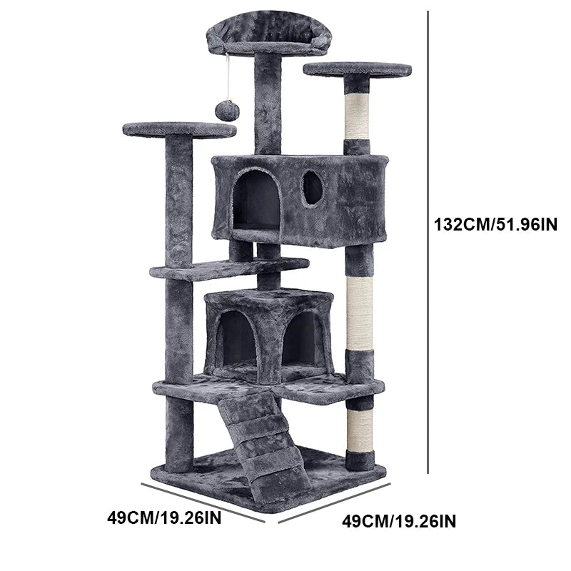 Többszintes plüss macskatorony kaparófával, kuckóval és játékkal – tökéletes mászáshoz, pihenéshez és karmoláshoz beltéri cicáknak.